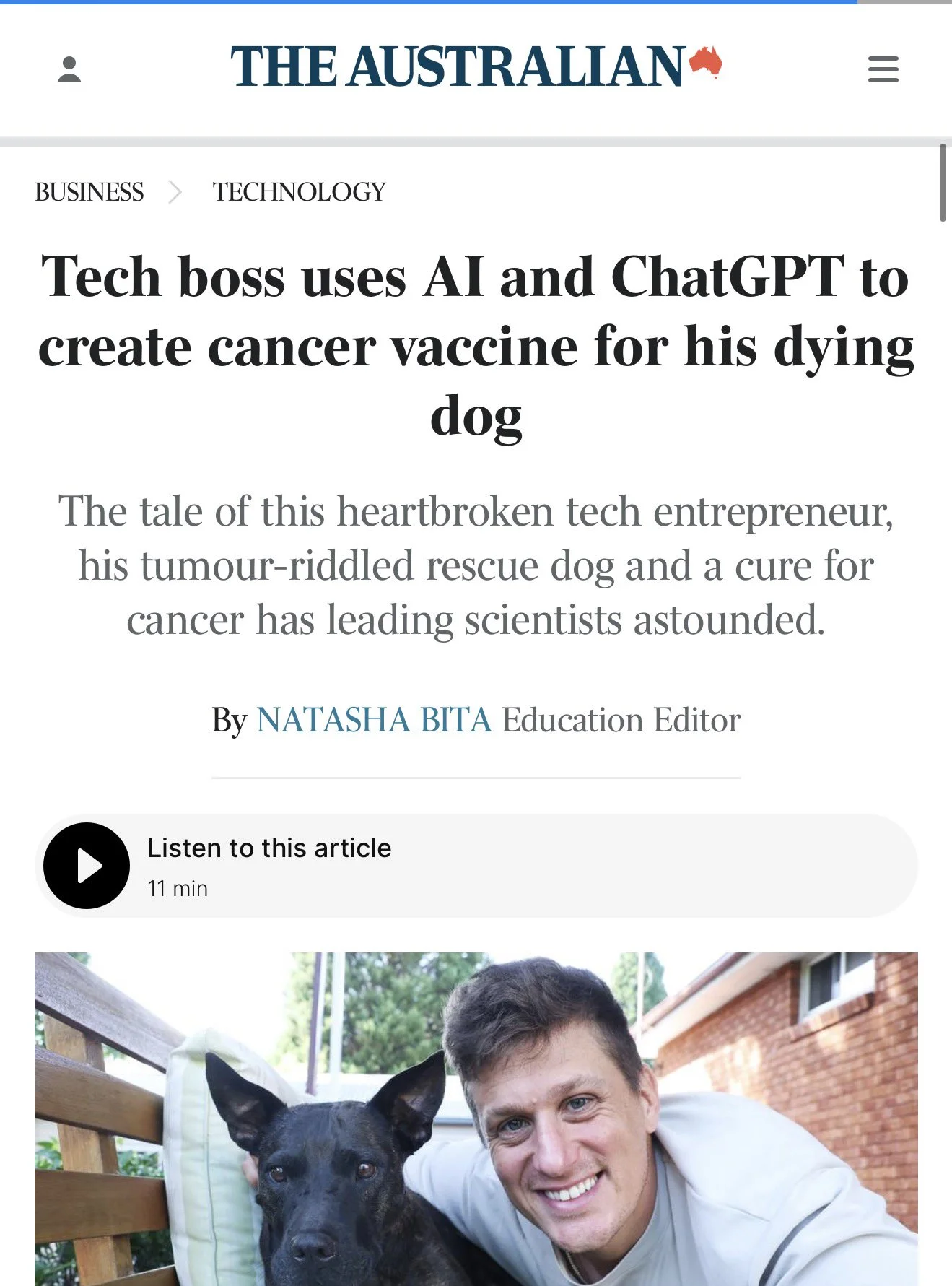 The Australian newspaper headline: Tech boss uses AI and ChatGPT to create cancer vaccine for his dying dog, with photo of Paul Conyngham and Rosie.