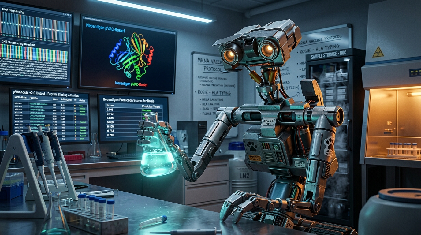 Johnny 5 from Short Circuit stands at a laboratory bench, holding a glowing flask, surrounded by monitors showing DNA sequencing data and protein models.