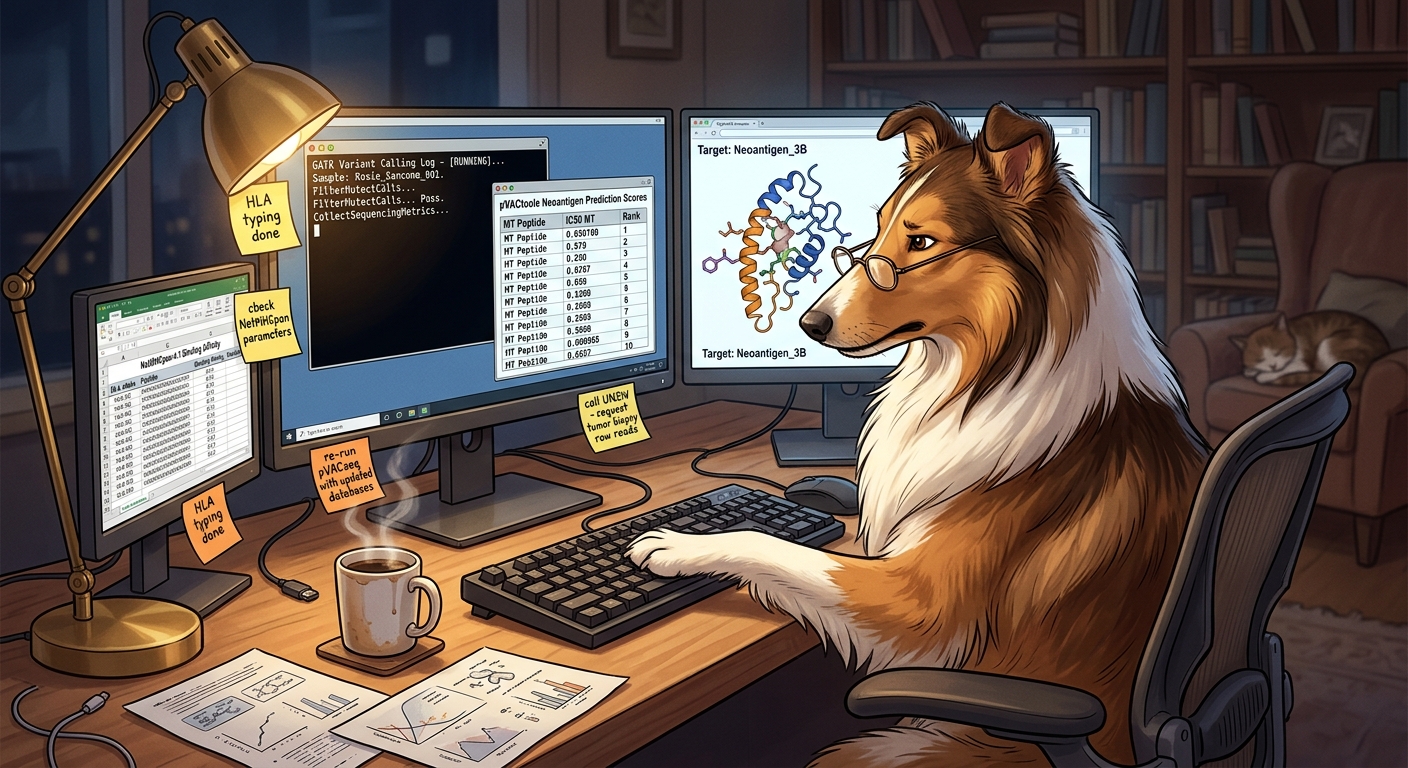 A Rough Collie sits at a desk with multiple monitors showing bioinformatics output, paw on the keyboard, reading glasses on, coffee steaming nearby.