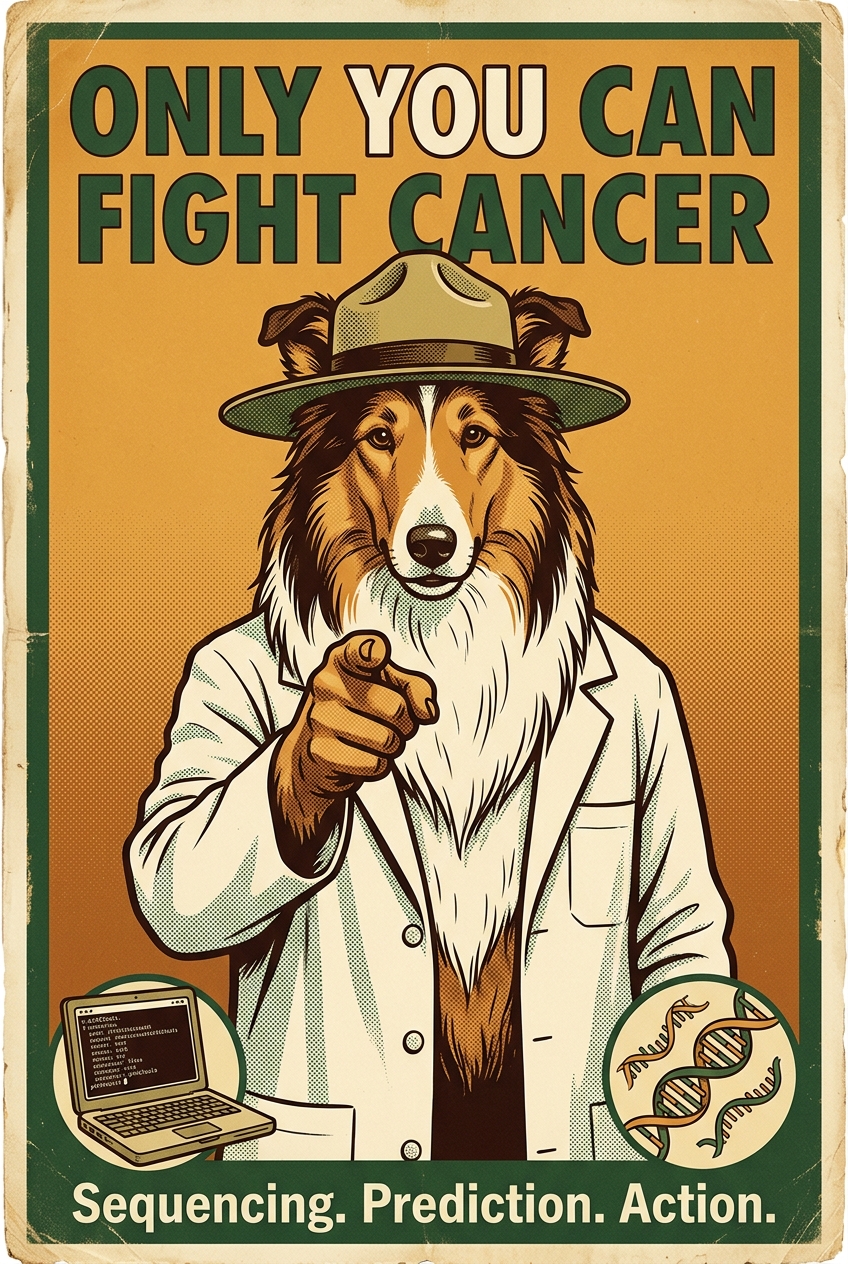 Vintage public service poster: a Rough Collie in a ranger hat and lab coat points at the viewer. ONLY YOU CAN FIGHT CANCER.