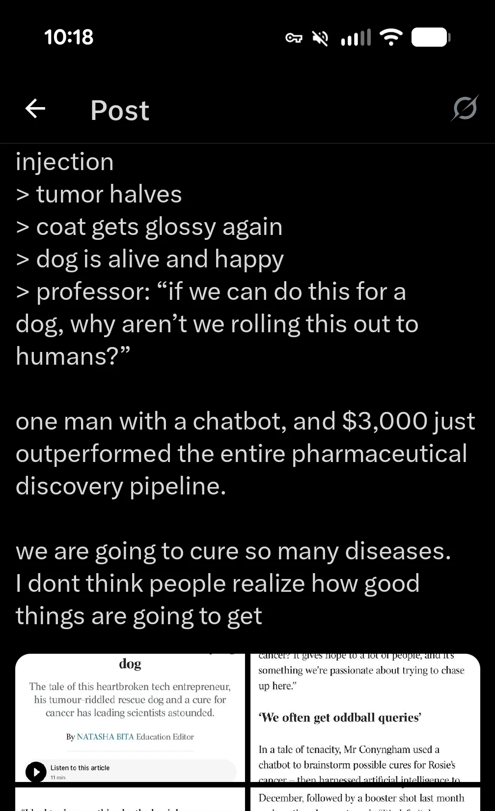 Continuation of the viral X post — commentary on one man outperforming pharmaceutical discovery pipelines with a chatbot and $3,000.